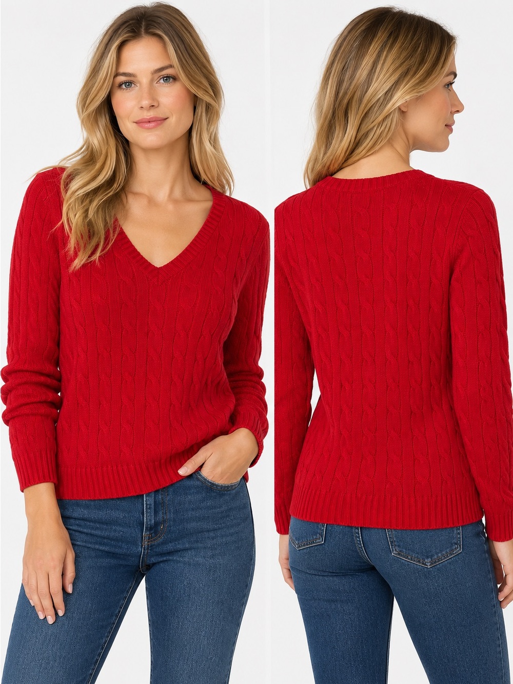 Ralph Lauren Cable Knit V-Neck Sweater Red Women’s Size Large Cotton